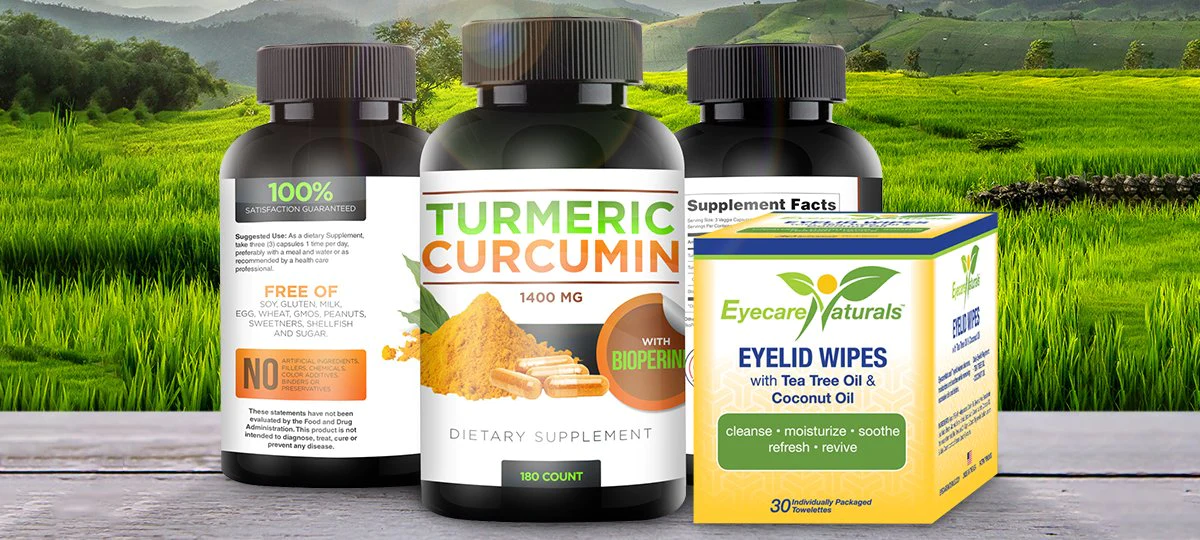 Bottles of Turmeric Curcumin and a box of Eyelid wipes